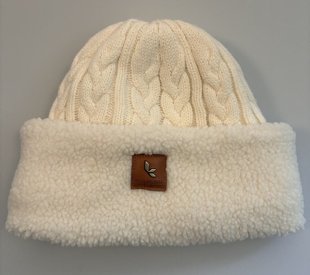 Koolaburra by UGG Beanie Hat Cable Knit Faux Shearling Sherpa Cuff Cream OS